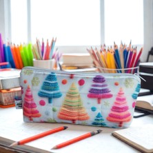 Aduşka Home Renkli Ağaç Desenli Elyaf Dolgulu Yumuşak Kalem Kutusu Makyaj Çantası 23X10 cm