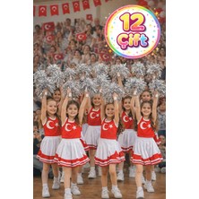 Toyfest Ponpon Metalik Parlak Gümüş Amigo Sopalı Dayanıklı Hafif Tezahürat Ponponu 12 Çift