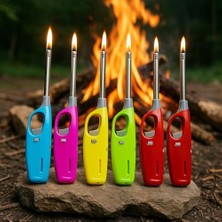 Uzun Gazlı Çakmak – Renkli, Güvenlik Kilitli, Ayarlanabilir Alevli, Yeniden Doldurulabilir, Mum, Ocak, Şömine, Mangal Için