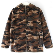 DobaKids Fermuarlı Kamuflaj Unisex Kapüşonlu Çocuk Kalın Polar Ceket Asker Desenli Çocuk Polar Ceket Zip