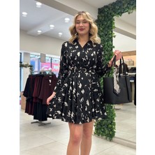 Ayhan Kadın Kruvaze,kemerli, Gömlek Yaka ,desenli ,şifon Elbise