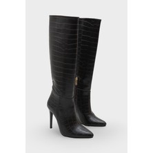 LOJO Kadın Sivri Burunlu Topuklu Yandan Fermuarlı Günlük Çizme Masi Kahve Kroko