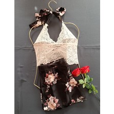 Nightlight Flora Boyun ve Sırt Bağlamalı Dantelli Üst / Çiçek Desenli Kadın Şort Takım-Soft Pudra