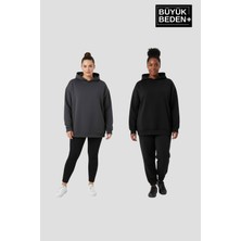 Superlife Kadın Büyük Beden 2' Li Set Kapşonlu Kollar ve Etek Ribanalı Ince Swatshırt SPR26BSWK957+2