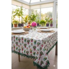 Yarımada Kadın Kooperatifi Kaktüs Desenli, Raşel Kumaştan, kenarlari piko nakisli ve iğne oyası görünümlü dantel detaylı masa örtüsü