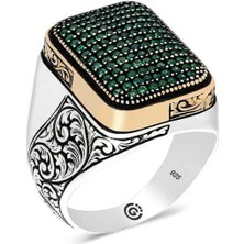 Gumush Gümüş Yeşil Zirkon Taşlı Kare Erkek Yüzük