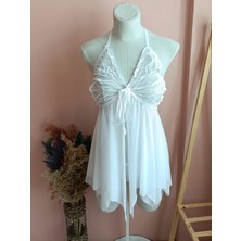 Nightlight Butterfly Önden Yırtmaçlı Çeyizlik Kadın Tül Gecelik / Tanga Set-Beyaz