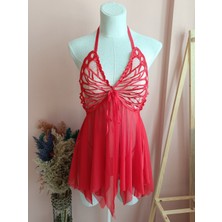 Nightlight Butterfly Önden Yırtmaçlı Çeyizlik Kadın Tül Gecelik / Tanga Set-Kırmızı