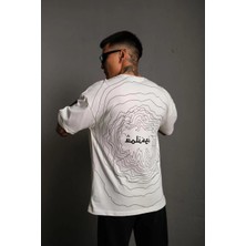 Erkek Bisiklet Yakalı Sırt Baskılı Oversize T-Shirt - Beyaz