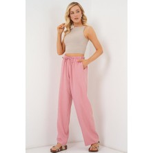 Queene Dreams Geniş Paça Keten Pantolon 6735 - Pudra