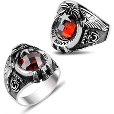 Gumush Gümüş Ayyıldız Deniz Kuvvetleri Kırmızı Taşlı Erkek Yüzük