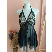 Nightlight Butterfly Önden Yırtmaçlı Çeyizlik Kadın Tül Gecelik / Tanga Set-Siyah
