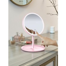 Hediye Fikri Yuvarlak LED Işıklı Masa Makyaj Aynası Dokunmatik Ekran Çıkarılabilir Taban Şarjlı Pembe