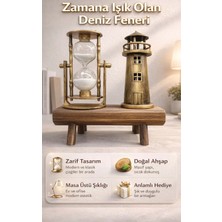 FaroxTech Doğal Ahşap Kaideli Dekoratif Kum Saati ve Deniz Feneri Seti - Eskitme Altın Renk Ofis - Ev Hediyesi