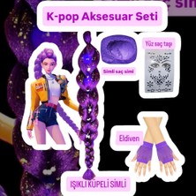 3b Kids K-Pop Aksesuar Seti+K-Pop Mor Aksesuar Işıklı Örgü Saç Peruk+Mor Saç Maskarası+Mor Eldiven+Yüz ve Saç Taşı (videolu)