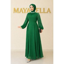 MayaBella Kolları Işlemeli Abiye Zümrüt