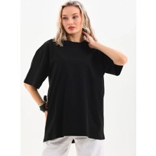 Unisex Bisiklet Yaka 20/1 Düz Oversize T-Shirt - Siyah
