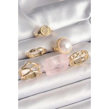 Shopwave Pirinç Gold Renk Daire 3D Incili Figür Zincir Model Gül Işleme Detaylı 6'lı Kadın