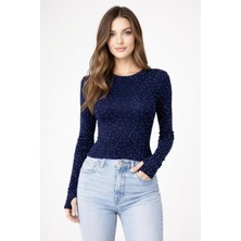 Banega Kadın Taş Işlemeli Parmak Detaylı Esnek Modal Kumaş Lacivert Bluz