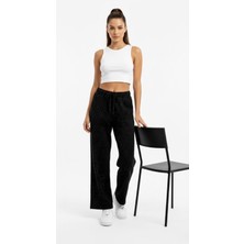 Banega Kadın Taş Işlemeli Yüksek Bel Beli Lastikli Bol Paça Cepli Siyah Eşofman Altı