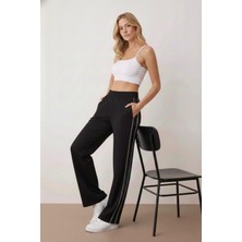 Banega Biye Detaylı Beli Lastikli Cepli Örme Wide Leg/bol Paça Spor Siyah Eşofman Altı