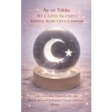 FaroxTech Ay ve Yıldız 3D Lazer Işlemeli Işıklı Kristal Küre - Ahşap Standlı Gece Lambası Usb’li