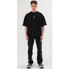 Unisex Bisiklet Yaka Baskılı Oversize T-Shirt - Siyah