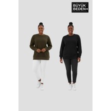 Superlife Kadın Büyük Beden Bisiklet Yaka 2’li Set-Rahat Kalıp Ince Sweatshirt SPR26BSWK956+2