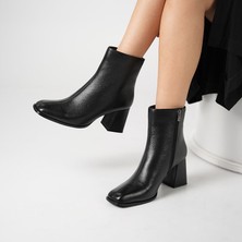 Ametist Aura Siyah Kare Burun Kalın Topuk Gerçek Deri Kadın Bot