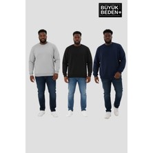 Superlife Erkek Büyük Beden Ikili Bisiklet Yaka 3'lü Set -Rahat Kalıp Ince Sweatshirt SPR26BSW956+3
