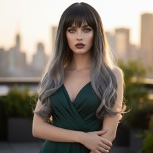 İlkyaz Fashion Kahküllü Uzun Dalgalı Fiber Sentetik Peruk - Siyah Gri Ombreli ILKYZ-PRK34