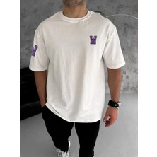 Unisex Bisiklet Yaka Baskılı Oversize T-Shirt - Beyaz