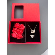 Gözde Aksesuarım Güllü Kutuda Gold Kuğu Kolye Yüzük Seti