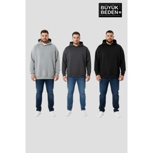 Superlife Erkek Büyük Beden 3 Lü Set  Kollar ve Etek Ribanalı Ince Kapşonlu Swatshırt SPR26BSW957+3