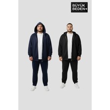 Superlife Erkek Büyük Beden Fermuarlı Kapüşonlu 2'li Set Ince Sweatshirt Hırka - Rahat Kalıp SPR26BHR960+2
