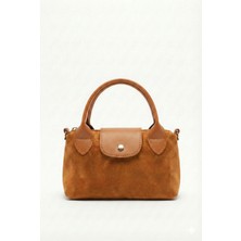 Purpleart Kadın Süet Taba Mini El ve Omuz Çantası 13X20CM