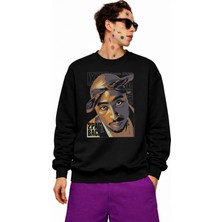 Fuddy Moda Unisex Oversize 2pac Bacj Tupac Baskılı Bisiklet Yaka Kapüşonsuz Sweatshirt