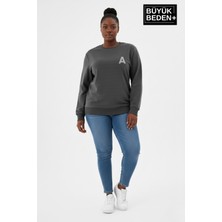 Superlife Kadın Büyük Beden A Baskılı Bisiklet Yaka Ince Sweatshirt SPR26BSWK956-12
