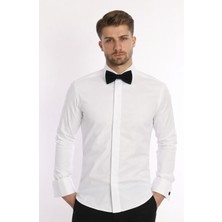 Colvıs Man Slim Fit Uzun Kol Ata Yaka Gizli Düğmeli Smokin Damatlık Erkek Gömleği Beyaz