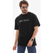 Unisex Bisiklet Yaka Baskılı Oversize T-Shirt - Siyah