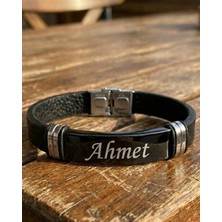 Sufi Tesbih Esans Ve Hediyelik Kişiye Özel Isim Yazılı Hakiki Deri Bileklik - Siyah Parlak Plakalı Erkek Takı - Çelik Bileklik