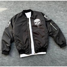 Siyah Askeri Tarz Bomber Mont – Unisex, Punisher Skull Detaylı, Fermuarlı, Cepli, Uzun Kollu, Bahar ve Kış Günlük Moda Için Uygun - Siyah
