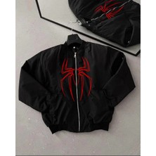 Örümcek Desenli Siyah Bomber Mont – Unisex Kullanıma Uygun, Fermuarlı Cepli, Kapitone Astarlı, Bahar Kış Günlük Giyim Için Moda Ceket Modeli - Siyah