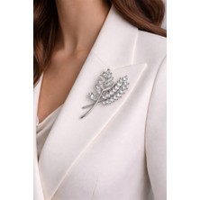 Modex Gümüş Rengi Taş Detay Yaprak Broş (6cm)