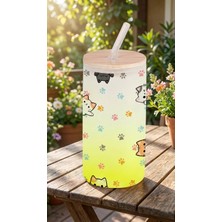 Sevimli Kedi Figürlü Buzlu Cam Suluk – 600 ml Cam Pipetli & Bambu Kapaklı