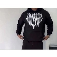 Uzun Kol Kapüşonlu Baskılı Sweatshirt - Siyah