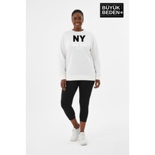Superlife Kadın Büyük Beden Ny Newyork Baskılı Bisiklet Yaka Ince Sweatshirt SPR26BSWK956-15