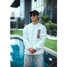 Uzun Kol Bisiklet Yaka Ön ve Arka Baskılı Sweatshirt - Beyaz