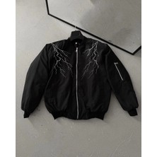 Unisex Siyah Bomber Mont – Beyaz Şimşek Desenli, Fermuarlı Cepli, Kapitone Astarlı Sokak Stili Günlük Ceket - Siyah