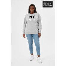Superlife Kadın Büyük Beden Ny Newyork Baskılı Bisiklet Yaka Ince Sweatshirt SPR26BSWK956-15